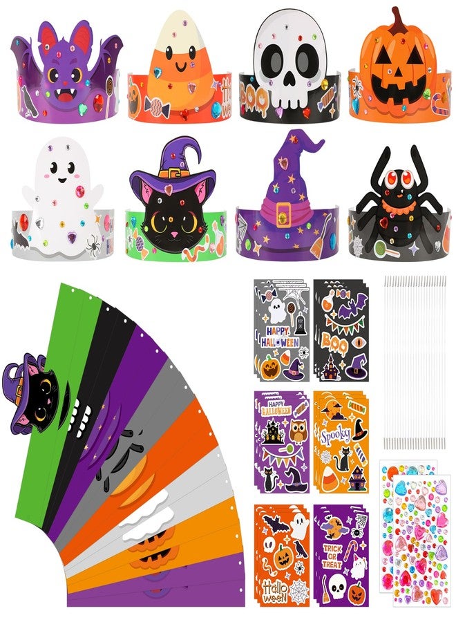 Sealmic 24 Set Halloween Crown Headband Paper Adjustable Hats with Elastic Bands with Themed Stickers Activities Party Favors Pumpkin Ghost Bat - Image 1